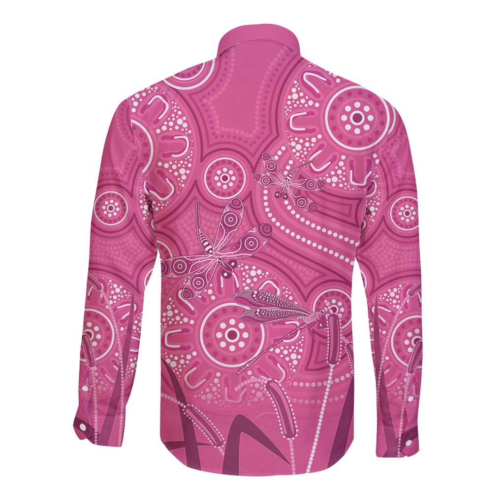 Australia Indigenous Pink Month Long Sleeve Button Shirt Breast Cancer Aboriginal Dragonflies Ribbon - Aussie Hoodie