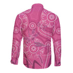 Australia Indigenous Pink Month Long Sleeve Button Shirt Breast Cancer Aboriginal Dragonflies Ribbon - Aussie Hoodie