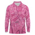 Australia Indigenous Pink Month Long Sleeve Polo Shirt Breast Cancer Aboriginal Dragonflies Ribbon - Aussie Hoodie