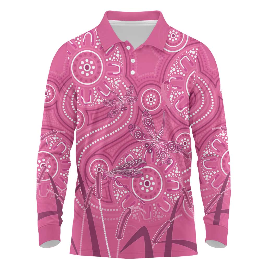 Australia Indigenous Pink Month Long Sleeve Polo Shirt Breast Cancer Aboriginal Dragonflies Ribbon - Aussie Hoodie
