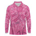 Australia Indigenous Pink Month Long Sleeve Polo Shirt Breast Cancer Aboriginal Dragonflies Ribbon - Aussie Hoodie