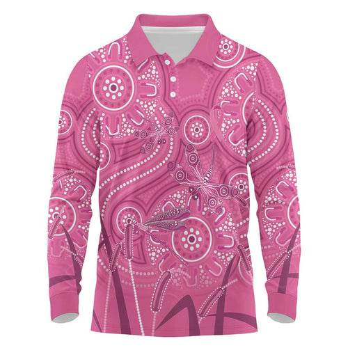 Australia Indigenous Pink Month Long Sleeve Polo Shirt Breast Cancer Aboriginal Dragonflies Ribbon - Aussie Hoodie
