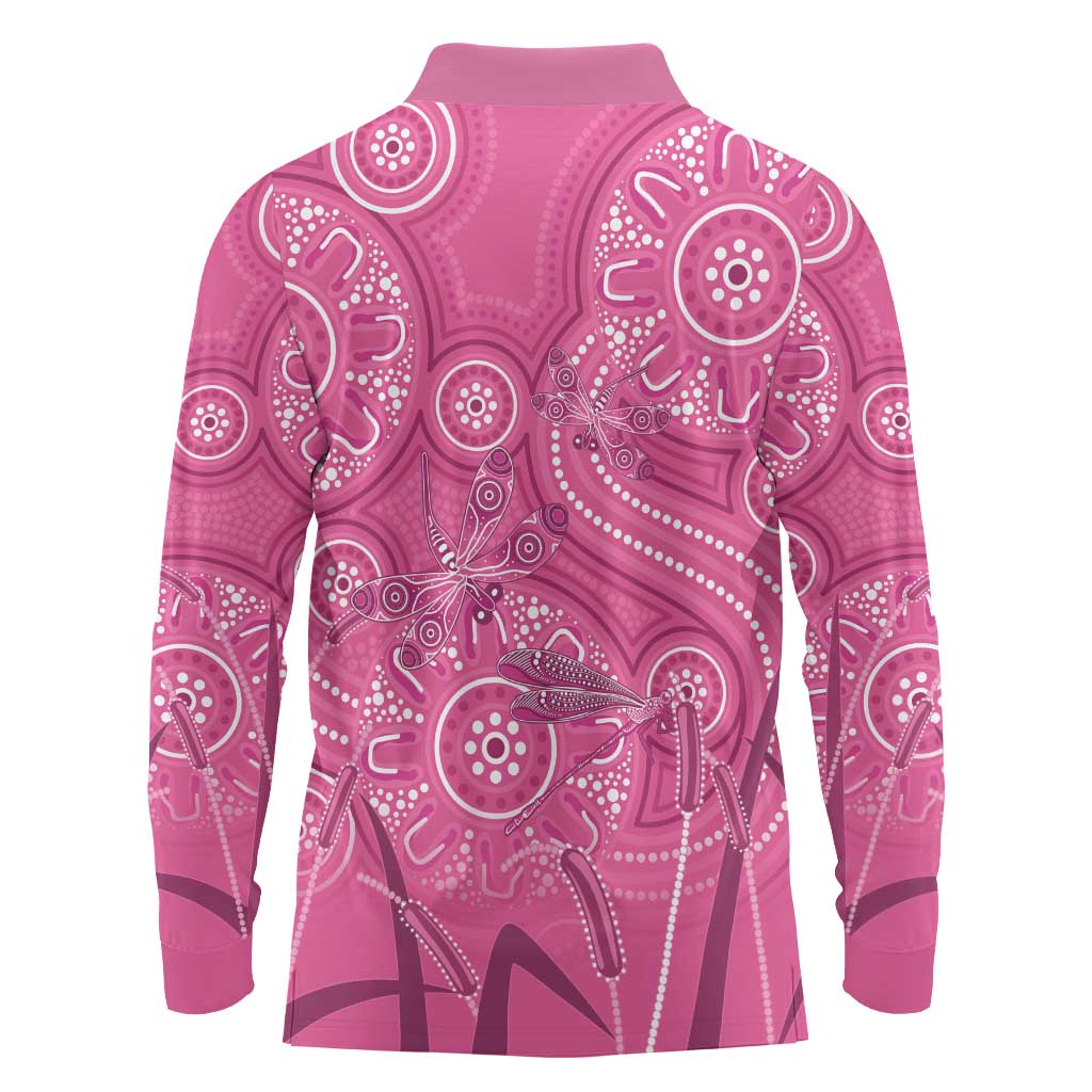 Australia Indigenous Pink Month Long Sleeve Polo Shirt Breast Cancer Aboriginal Dragonflies Ribbon - Aussie Hoodie