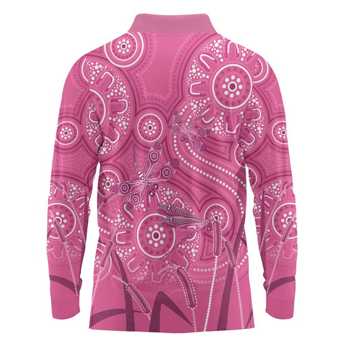 Australia Indigenous Pink Month Long Sleeve Polo Shirt Breast Cancer Aboriginal Dragonflies Ribbon - Aussie Hoodie