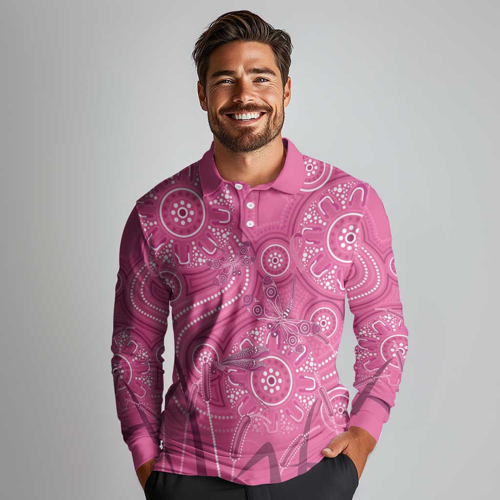 Australia Indigenous Pink Month Long Sleeve Polo Shirt Breast Cancer Aboriginal Dragonflies Ribbon - Aussie Hoodie