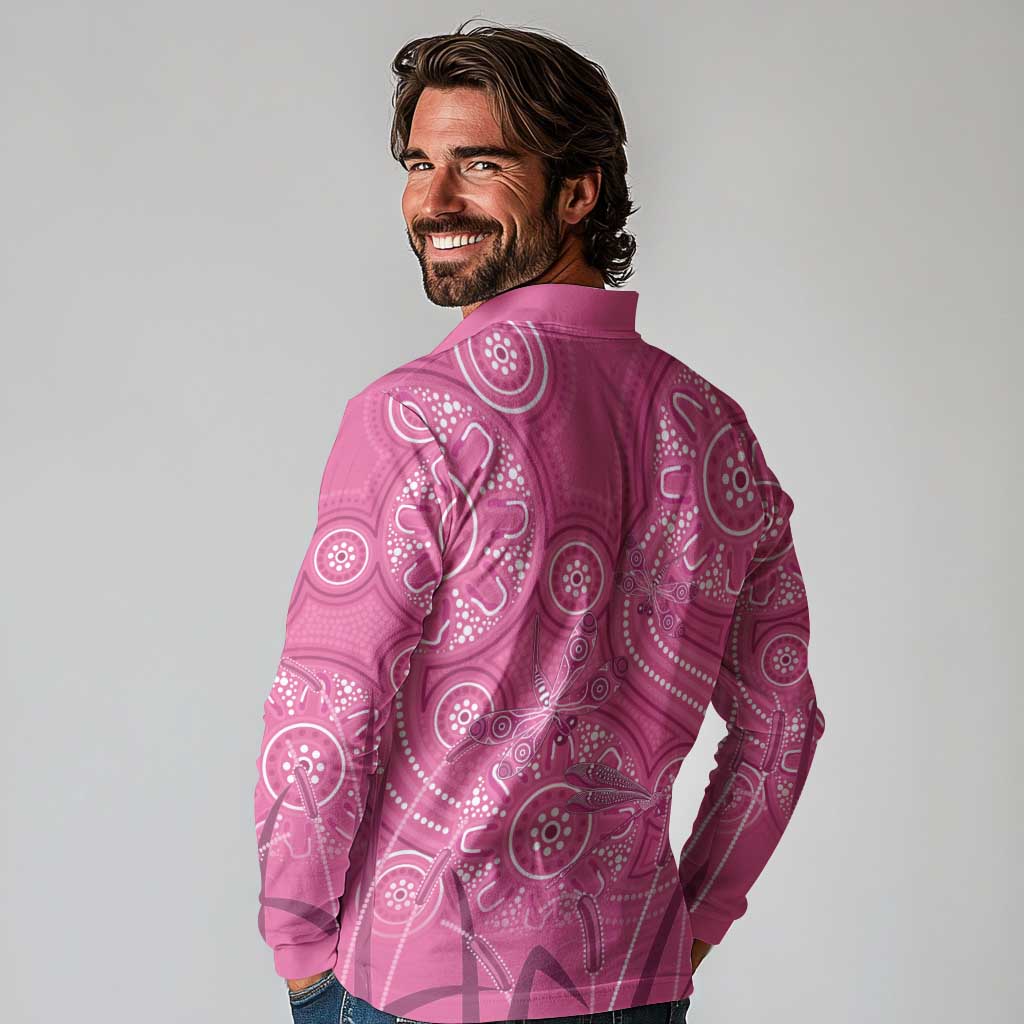 Australia Indigenous Pink Month Long Sleeve Polo Shirt Breast Cancer Aboriginal Dragonflies Ribbon - Aussie Hoodie