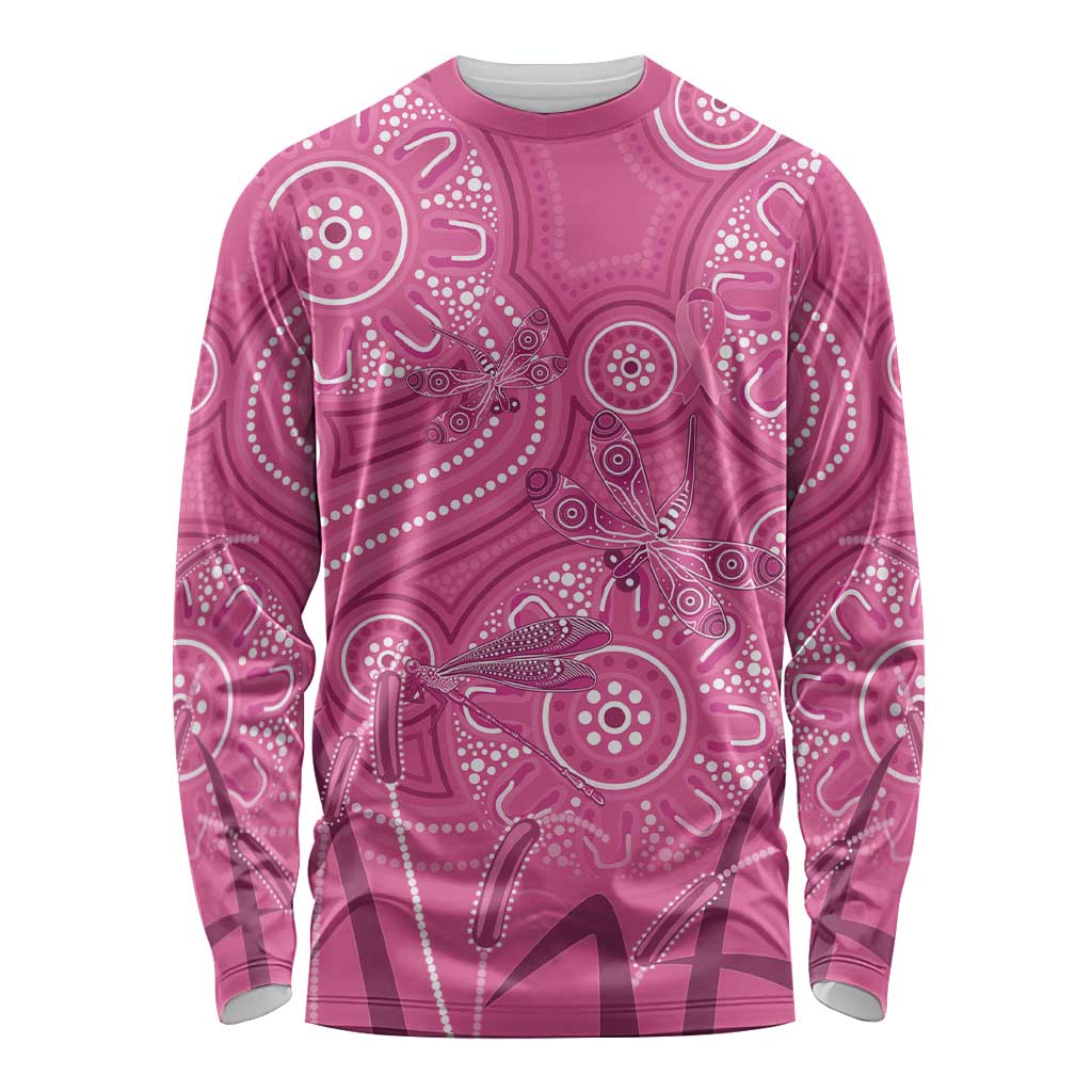 Australia Indigenous Pink Month Long Sleeve Shirt Breast Cancer Aboriginal Dragonflies Ribbon - Aussie Hoodie