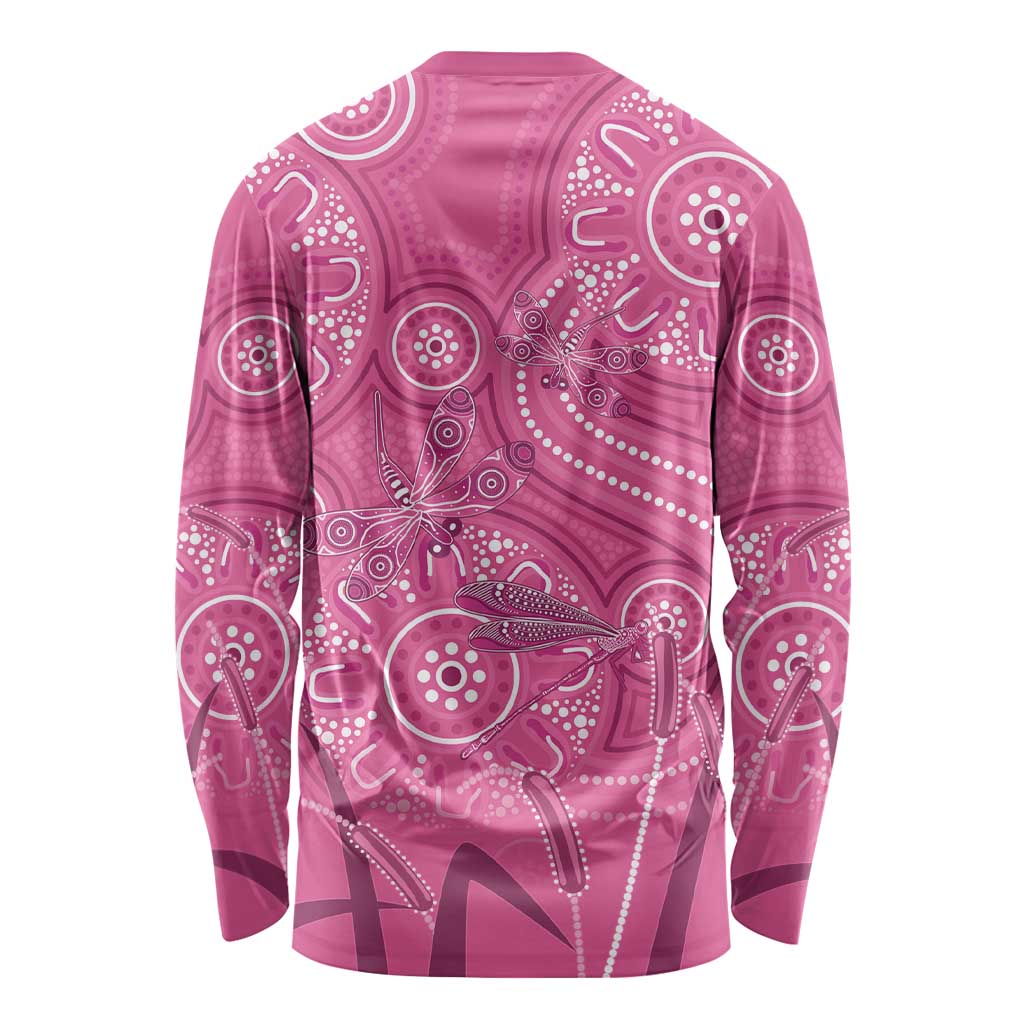 Australia Indigenous Pink Month Long Sleeve Shirt Breast Cancer Aboriginal Dragonflies Ribbon - Aussie Hoodie