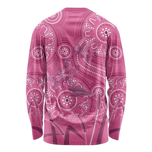 Australia Indigenous Pink Month Long Sleeve Shirt Breast Cancer Aboriginal Dragonflies Ribbon - Aussie Hoodie