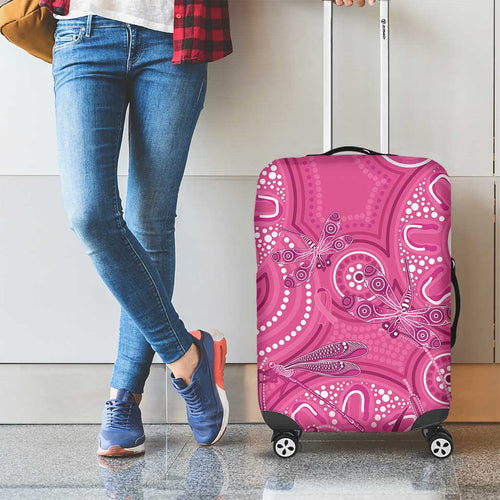 Australia Indigenous Pink Month Luggage Cover Breast Cancer Aboriginal Dragonflies Ribbon - Aussie Hoodie