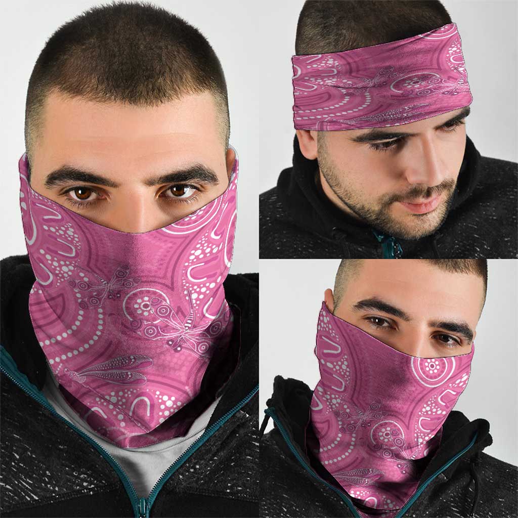 Australia Indigenous Pink Month Neck Gaiter Breast Cancer Aboriginal Dragonflies Ribbon - Aussie Hoodie