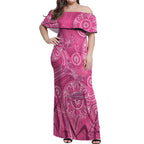 Australia Indigenous Pink Month Off Shoulder Maxi Dress Breast Cancer Aboriginal Dragonflies Ribbon - Aussie Hoodie