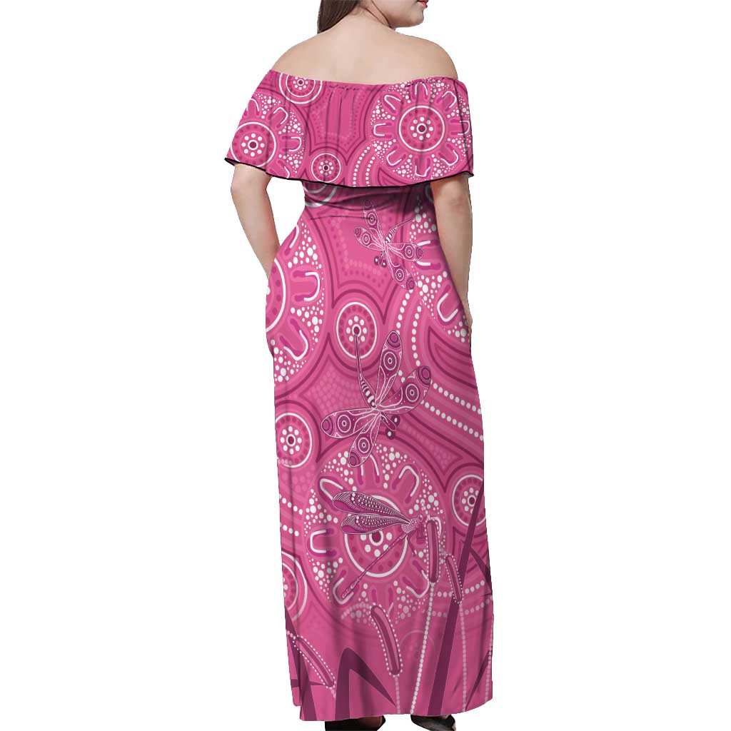 Australia Indigenous Pink Month Off Shoulder Maxi Dress Breast Cancer Aboriginal Dragonflies Ribbon - Aussie Hoodie
