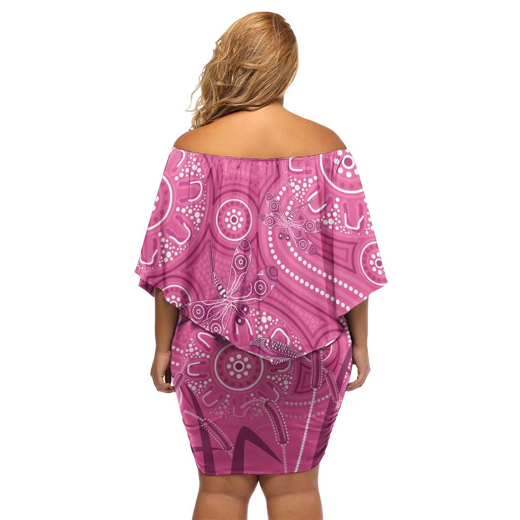 Australia Indigenous Pink Month Off Shoulder Short Dress Breast Cancer Aboriginal Dragonflies Ribbon - Aussie Hoodie