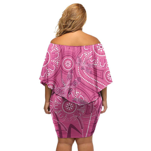 Australia Indigenous Pink Month Off Shoulder Short Dress Breast Cancer Aboriginal Dragonflies Ribbon - Aussie Hoodie