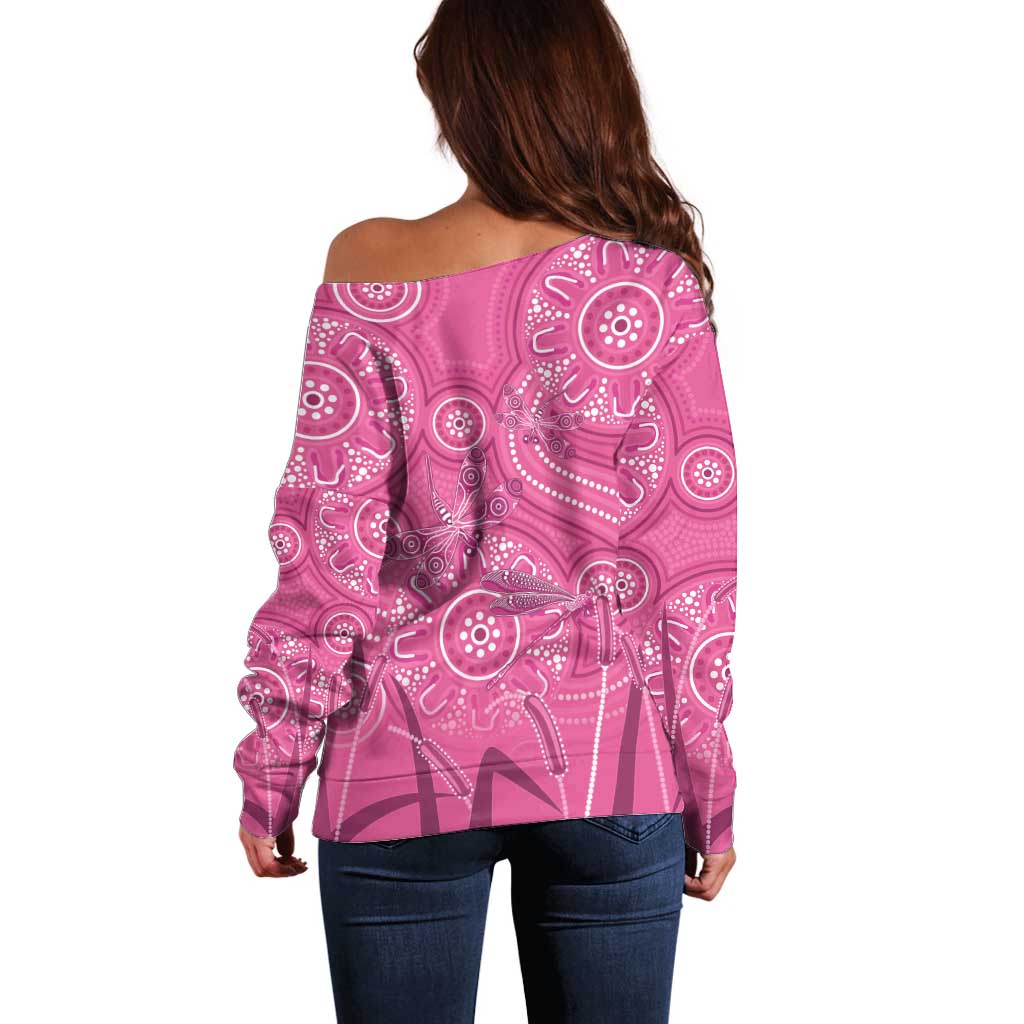 Australia Indigenous Pink Month Off Shoulder Sweater Breast Cancer Aboriginal Dragonflies Ribbon - Aussie Hoodie