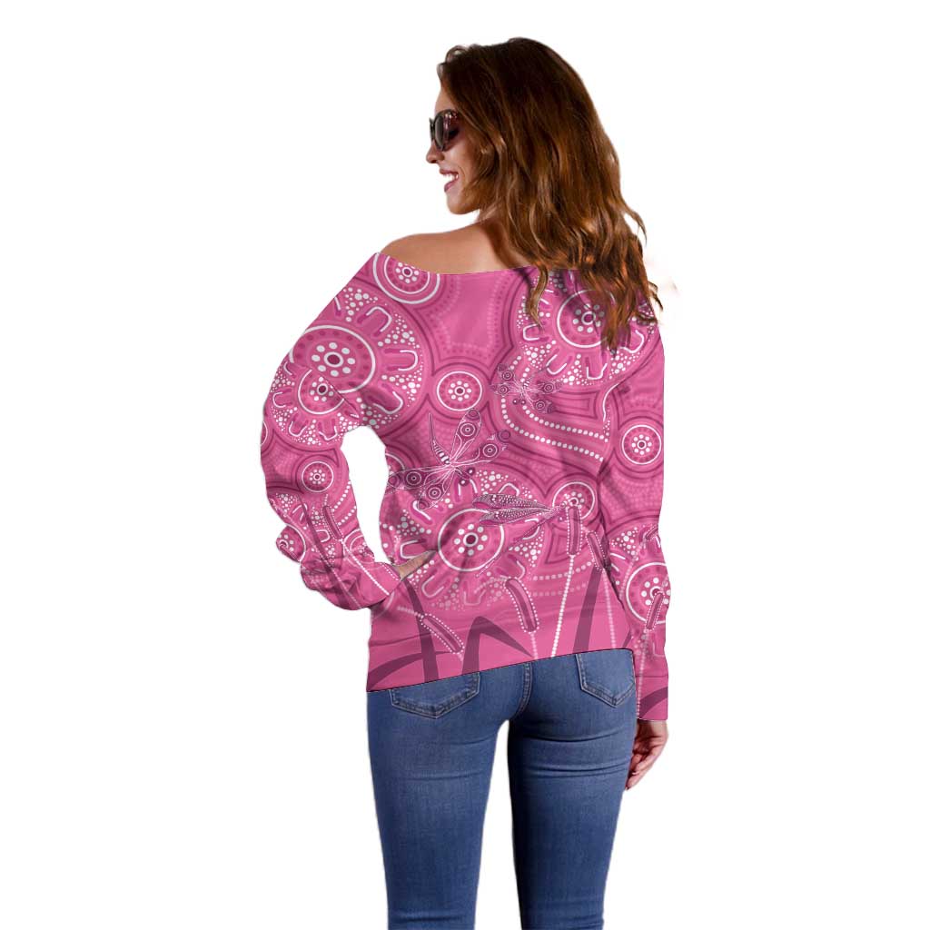 Australia Indigenous Pink Month Off Shoulder Sweater Breast Cancer Aboriginal Dragonflies Ribbon - Aussie Hoodie