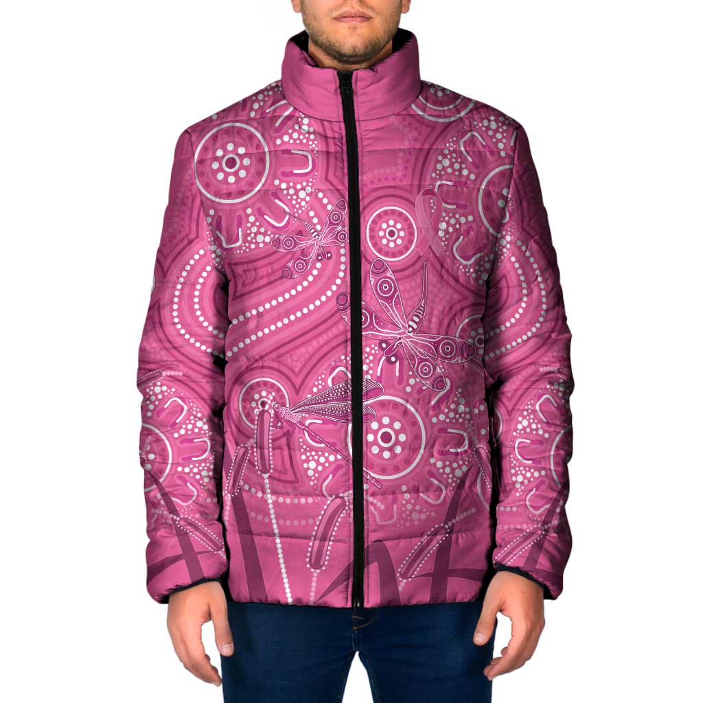 Australia Indigenous Pink Month Padded Jacket Breast Cancer Aboriginal Dragonflies Ribbon - Aussie Hoodie
