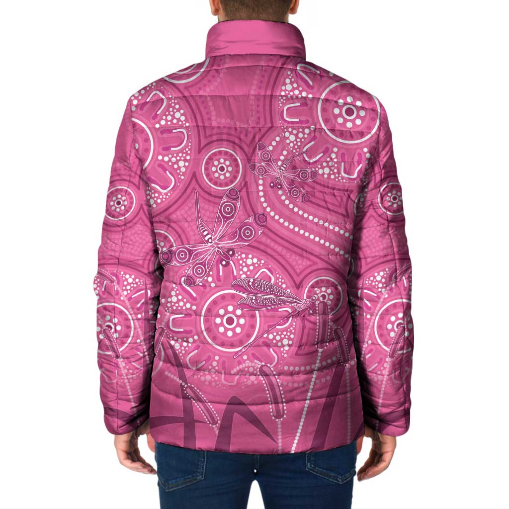 Australia Indigenous Pink Month Padded Jacket Breast Cancer Aboriginal Dragonflies Ribbon - Aussie Hoodie