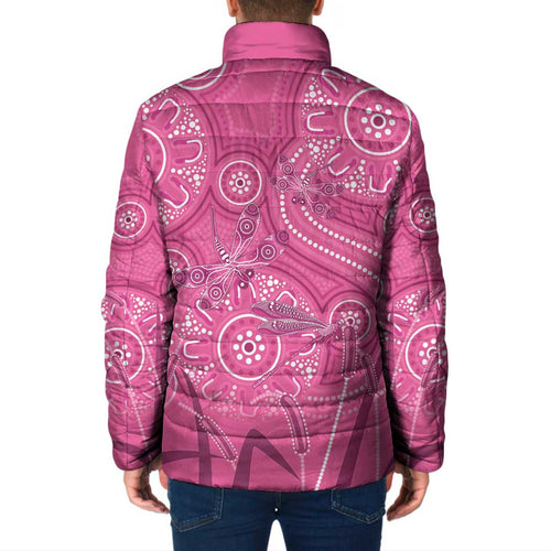Australia Indigenous Pink Month Padded Jacket Breast Cancer Aboriginal Dragonflies Ribbon - Aussie Hoodie