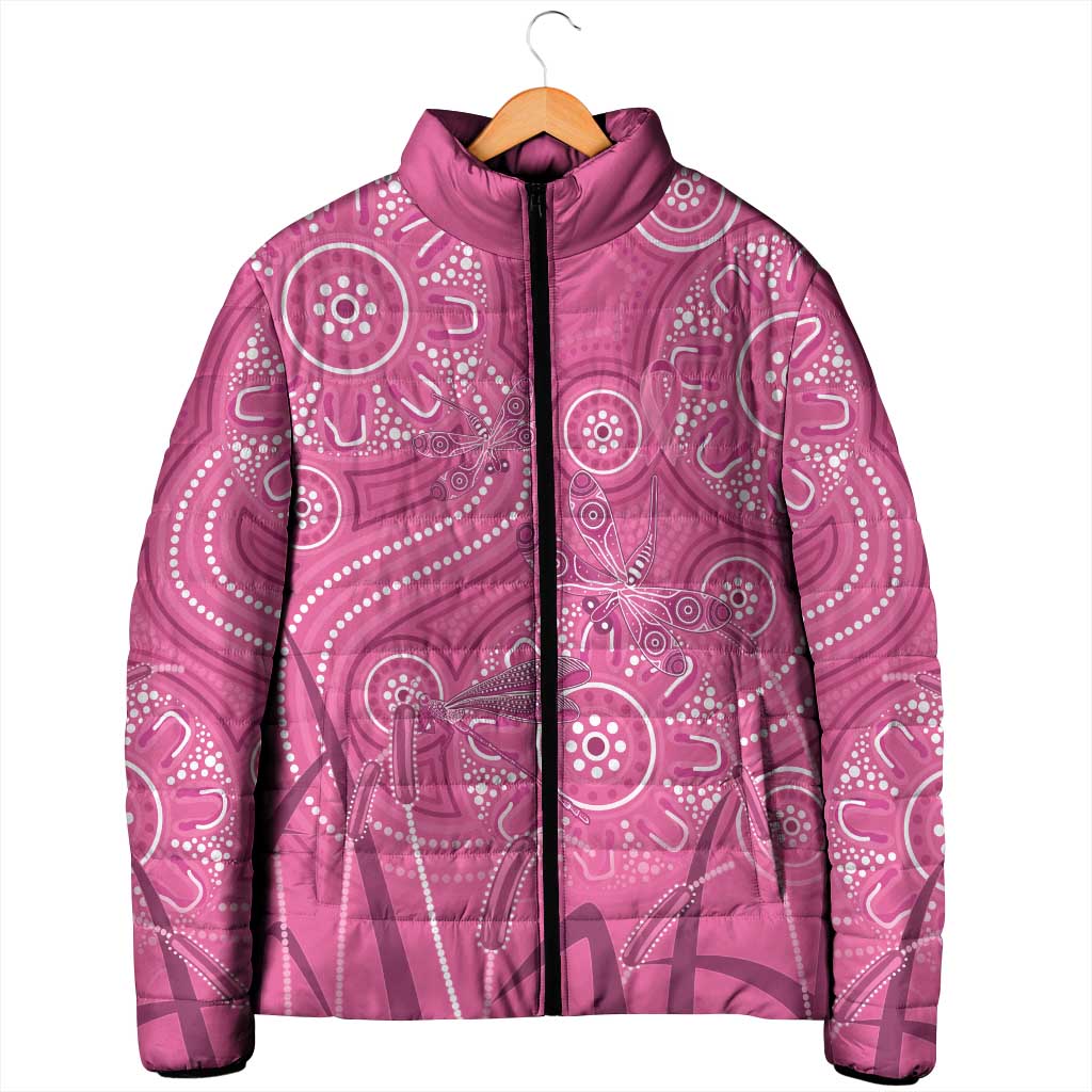 Australia Indigenous Pink Month Padded Jacket Breast Cancer Aboriginal Dragonflies Ribbon - Aussie Hoodie