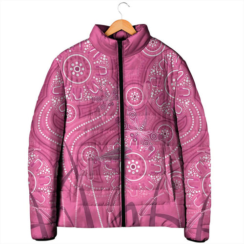 Australia Indigenous Pink Month Padded Jacket Breast Cancer Aboriginal Dragonflies Ribbon - Aussie Hoodie