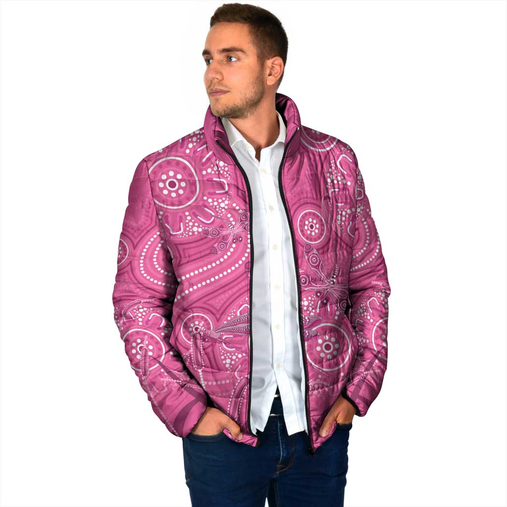 Australia Indigenous Pink Month Padded Jacket Breast Cancer Aboriginal Dragonflies Ribbon - Aussie Hoodie