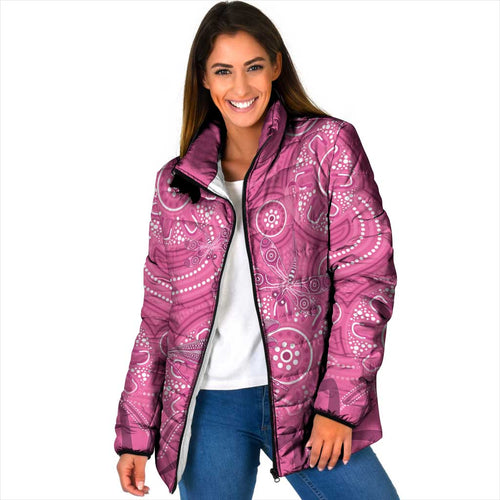 Australia Indigenous Pink Month Padded Jacket Breast Cancer Aboriginal Dragonflies Ribbon - Aussie Hoodie