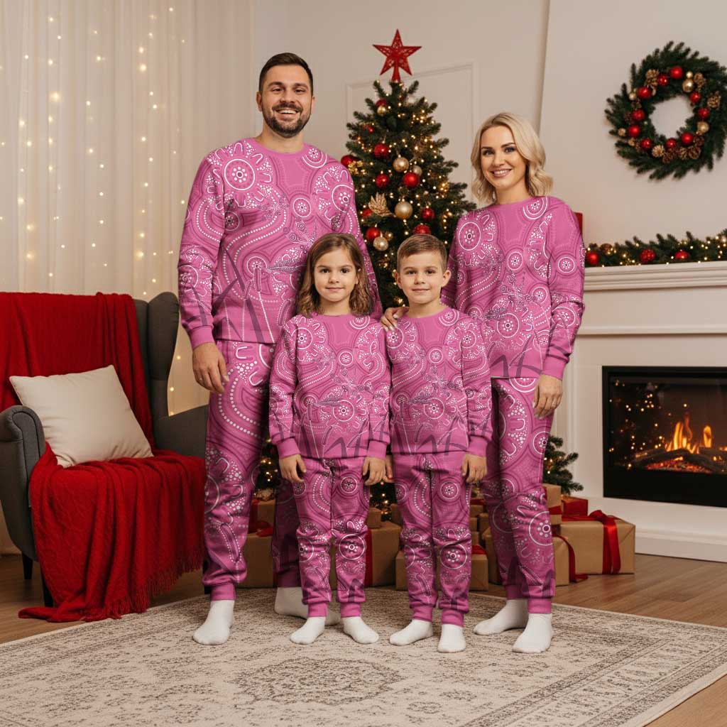 Australia Indigenous Pink Month Christmas Pajama Set Breast Cancer Aboriginal Dragonflies Ribbon - Aussie Hoodie