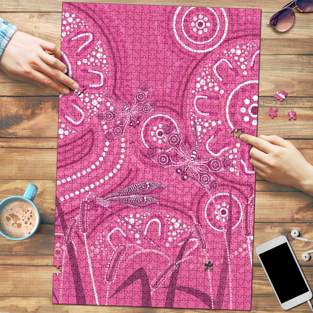 Australia Indigenous Pink Month Puzzle Breast Cancer Aboriginal Dragonflies Ribbon - Aussie Hoodie