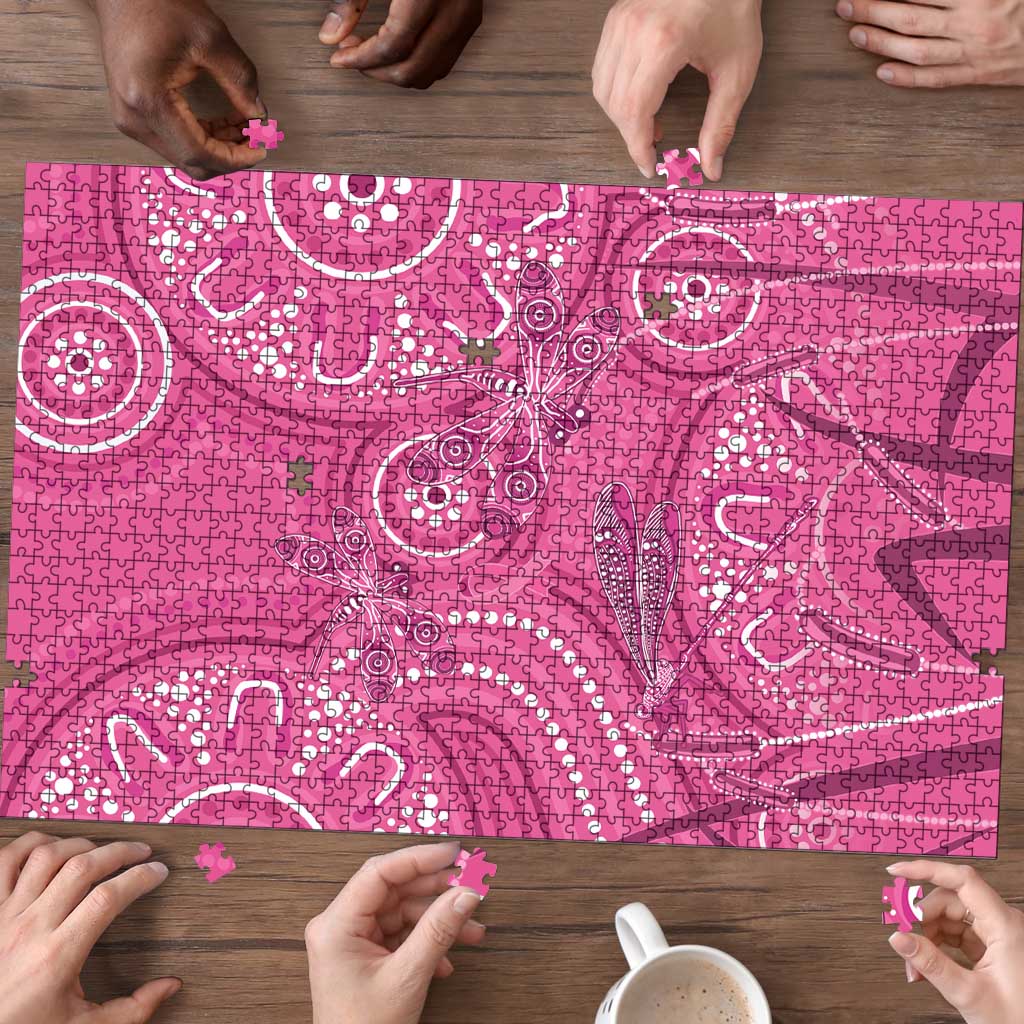 Australia Indigenous Pink Month Puzzle Breast Cancer Aboriginal Dragonflies Ribbon - Aussie Hoodie