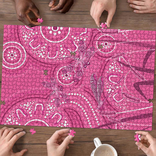 Australia Indigenous Pink Month Puzzle Breast Cancer Aboriginal Dragonflies Ribbon - Aussie Hoodie