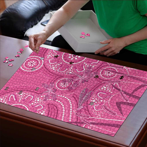Australia Indigenous Pink Month Puzzle Breast Cancer Aboriginal Dragonflies Ribbon - Aussie Hoodie