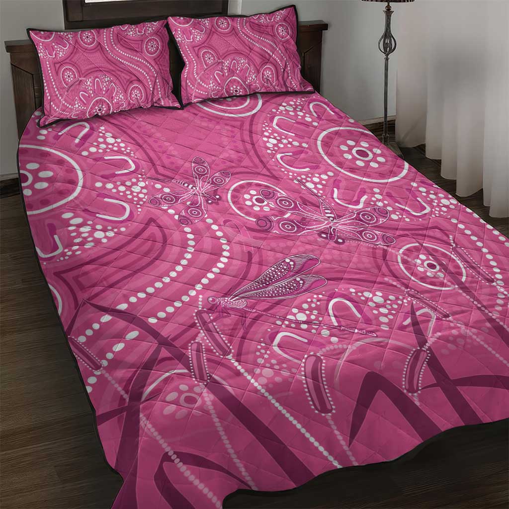 Australia Indigenous Pink Month Quilt Bed Set Breast Cancer Aboriginal Dragonflies Ribbon - Aussie Hoodie