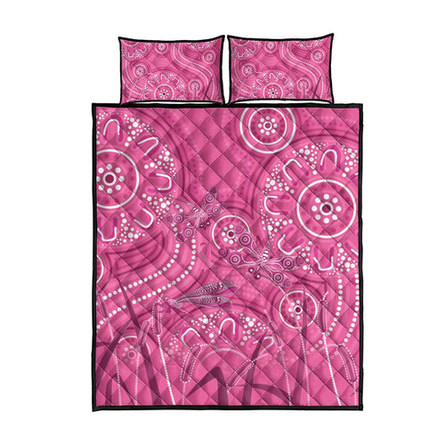 Australia Indigenous Pink Month Quilt Bed Set Breast Cancer Aboriginal Dragonflies Ribbon - Aussie Hoodie