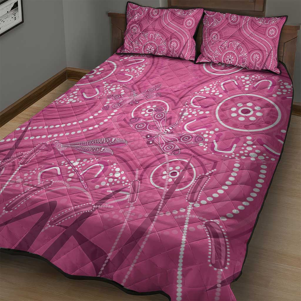 Australia Indigenous Pink Month Quilt Bed Set Breast Cancer Aboriginal Dragonflies Ribbon - Aussie Hoodie