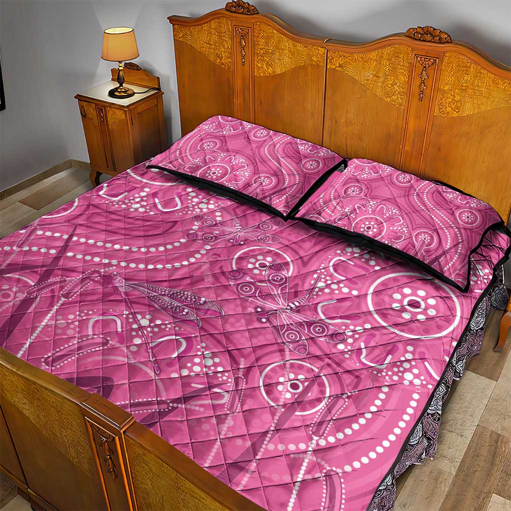 Australia Indigenous Pink Month Quilt Bed Set Breast Cancer Aboriginal Dragonflies Ribbon - Aussie Hoodie