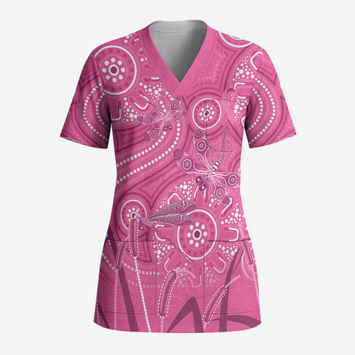 Australia Indigenous Pink Month Scrub Top Breast Cancer Aboriginal Dragonflies Ribbon - Aussie Hoodie