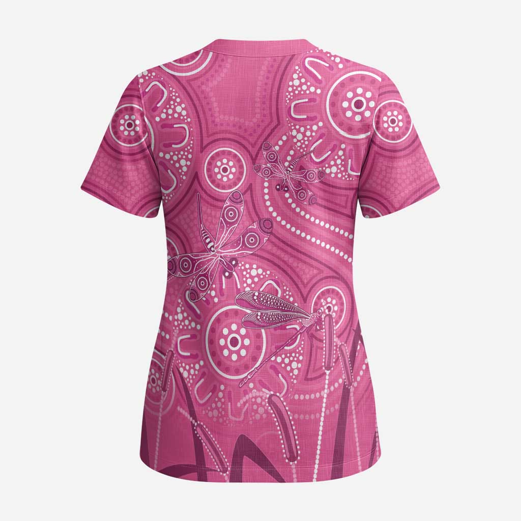 Australia Indigenous Pink Month Scrub Top Breast Cancer Aboriginal Dragonflies Ribbon - Aussie Hoodie