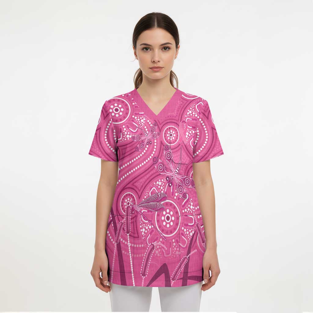 Australia Indigenous Pink Month Scrub Top Breast Cancer Aboriginal Dragonflies Ribbon - Aussie Hoodie