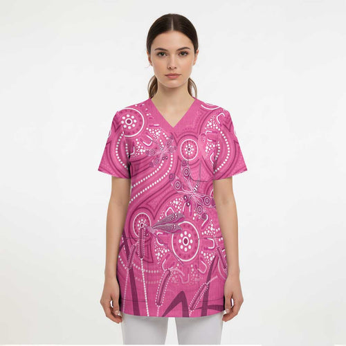 Australia Indigenous Pink Month Scrub Top Breast Cancer Aboriginal Dragonflies Ribbon - Aussie Hoodie