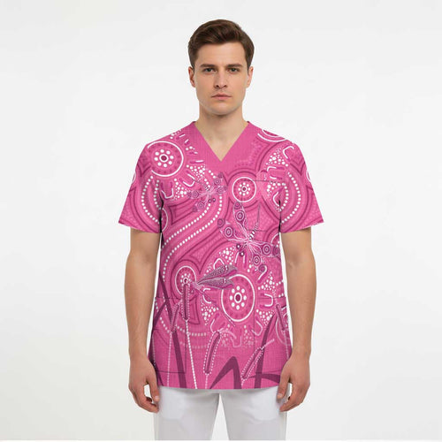 Australia Indigenous Pink Month Scrub Top Breast Cancer Aboriginal Dragonflies Ribbon - Aussie Hoodie