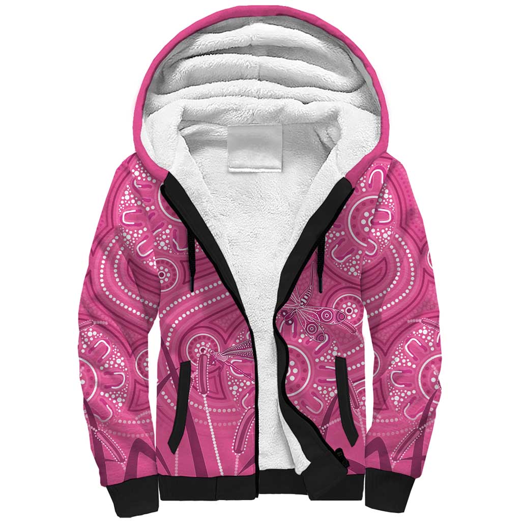 Australia Indigenous Pink Month Sherpa Hoodie Breast Cancer Aboriginal Dragonflies Ribbon - Aussie Hoodie
