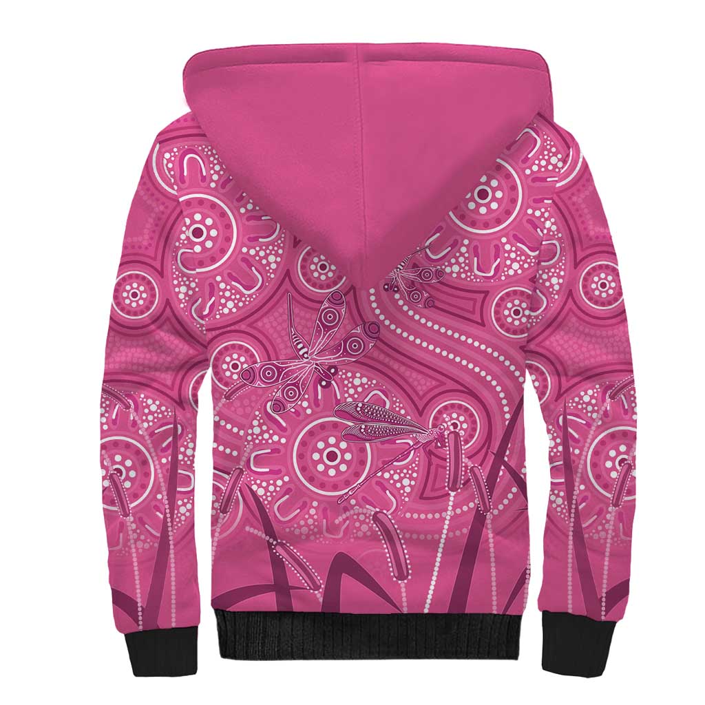 Australia Indigenous Pink Month Sherpa Hoodie Breast Cancer Aboriginal Dragonflies Ribbon - Aussie Hoodie