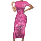 Australia Indigenous Pink Month Short Sleeve Bodycon Dress Breast Cancer Aboriginal Dragonflies Ribbon - Aussie Hoodie