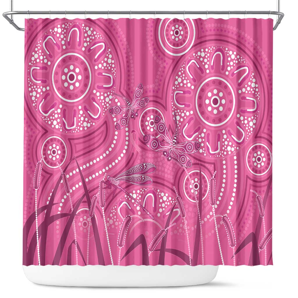 Australia Indigenous Pink Month Shower Curtain Breast Cancer Aboriginal Dragonflies Ribbon - Aussie Hoodie