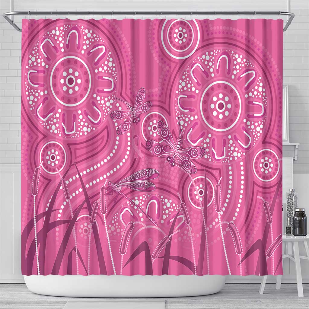 Australia Indigenous Pink Month Shower Curtain Breast Cancer Aboriginal Dragonflies Ribbon - Aussie Hoodie