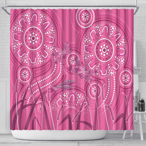 Australia Indigenous Pink Month Shower Curtain Breast Cancer Aboriginal Dragonflies Ribbon - Aussie Hoodie