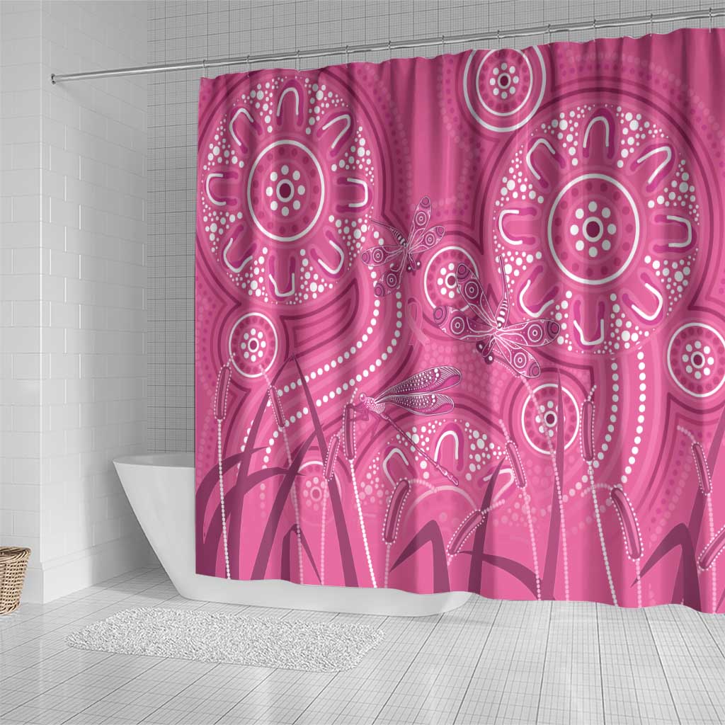 Australia Indigenous Pink Month Shower Curtain Breast Cancer Aboriginal Dragonflies Ribbon - Aussie Hoodie