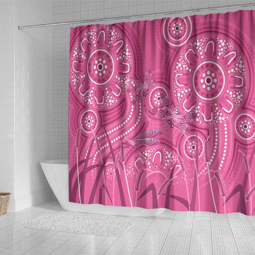 Australia Indigenous Pink Month Shower Curtain Breast Cancer Aboriginal Dragonflies Ribbon - Aussie Hoodie